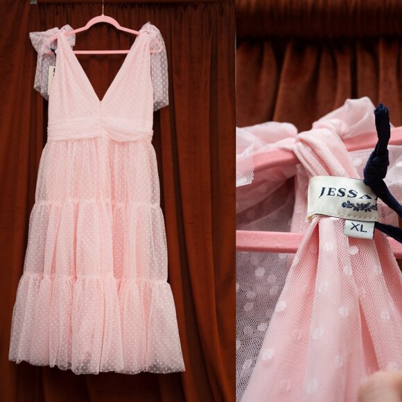 JessaKae Jeanne Pink Dotted Swiss Tulle Shoulder Bows Ankle Length Dress XL NWT - Picture 5 of 10